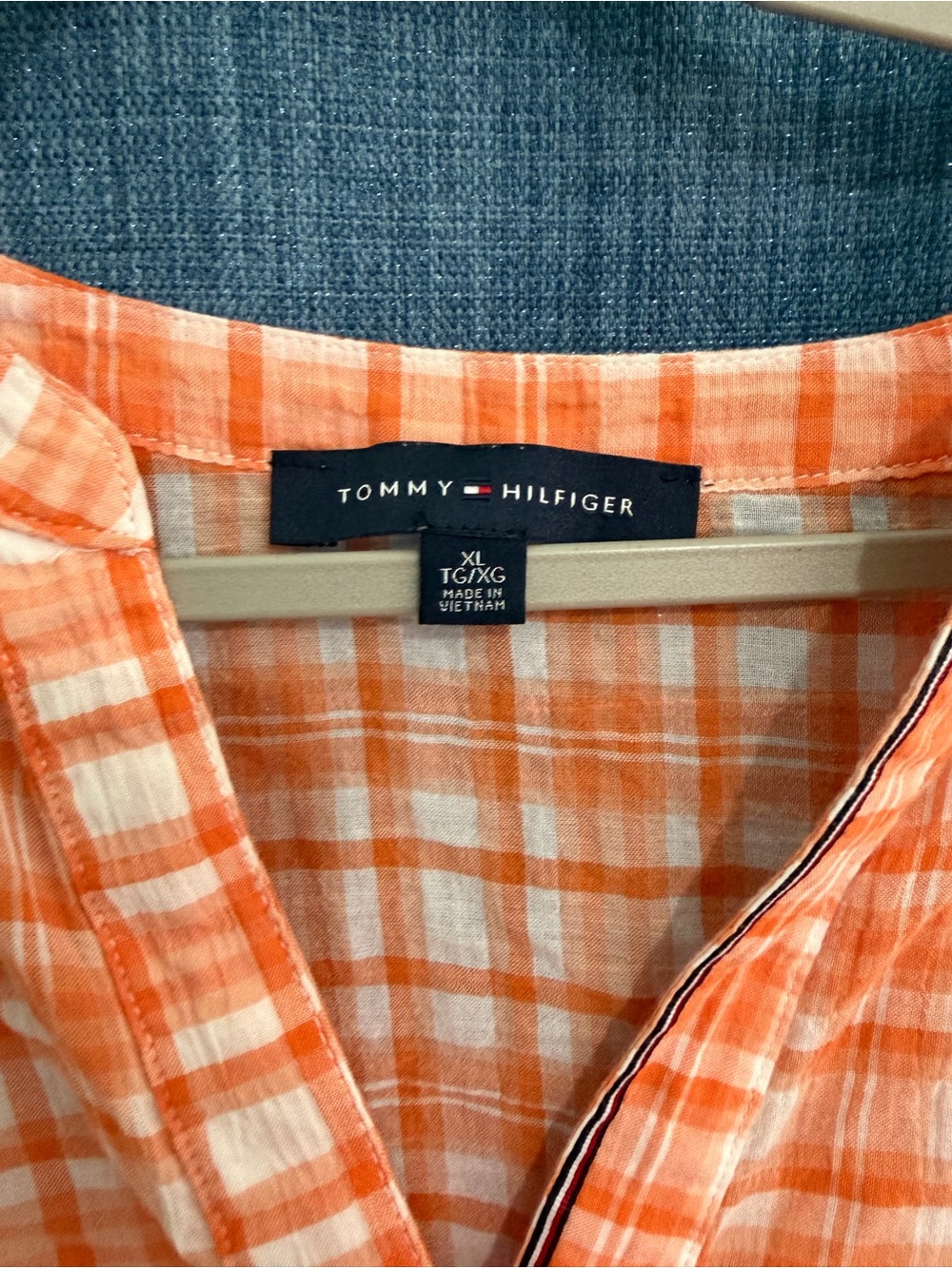 Tommy Hilfiger Orange & White Checked Collarless Shirt